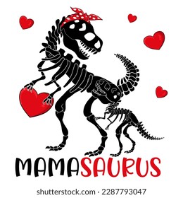 MamaSaurus , Skeleton T-Rex Mommy and Baby Dinosaurus With Hearts Design For Mother's Day , Valentine's day  EPS. File vector illustration Doodle Funny cartoon style 