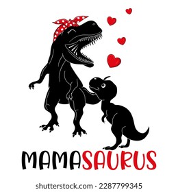 MamaSaurus , Skeleton T-Rex Mommy and Baby Dinosaurus silhouette With Hearts Design For Mother's Day , Valentine's day  EPS. File vector illustration Doodle Funny cartoon style 