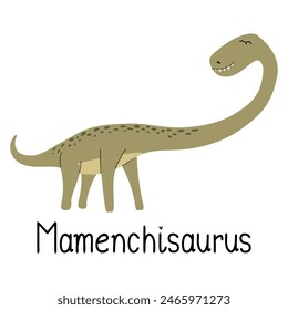 Mamenchisaurus dinosaur isolated on white background. Lettering Mamenchisaurus. Cartoon dino with long neck for kids t-shirt or web icon. Vector hand drawn illustration