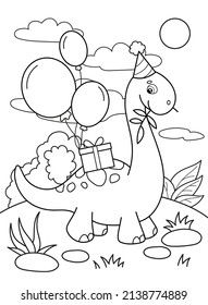 Mamenchisaurus with a gift. Coloring book. Coloring book with dinosaur.