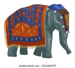 Mammal animal sacred in Indian, isolated Indian elephant with decorative cloth or blanket and adornment. Attraction and traditions, customs and old historic rituals in society. Vector in flat style