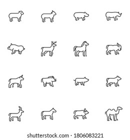 Mammal animals line icons set, outline vector symbol collection, linear style pictogram pack. Signs, logo illustration. Set includes icons as horse, camel, hippopotamus, sheep, goat, bison, bull, deer