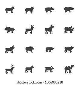 Mammal animals vector icons set, modern solid symbol collection, filled style pictogram pack. Signs, logo illustration. Set includes icons as horse, camel, hippopotamus, sheep, goat, bison, bull, deer