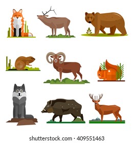 Mammal animals vector set in flat style design. Zoo cartoon icons collection. Fox, bear, wolf, dear.