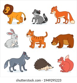 Mammal characters design collection. Cartoon wild animals set. Lion, raccoon, fox, rabbit, tiger, bear, wolf, hedgehog, squirrel.