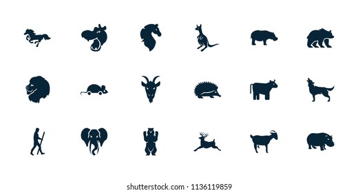 Mammal icon. collection of 18 mammal filled icons such as cow, hippopotamus, lion, hedgehog, bear, kangaroo, deer, wolf, goat. editable mammal icons for web and mobile.