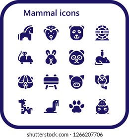  mammal icon set. 16 filled mammal icons. Simple modern icons about  - Horse, Hedgehog, Panda bear, Hamster wheel, Mouse toy, Rabbit, Rat, Hamster, Buck, Pig, Elephant, Giraffe