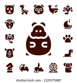 mammal icon set. 17 filled mammal icons.  Collection Of - Panda bear, Hedgehog, Elephant, Hamster, Rhino, Whale, Pawprints, Sea lion, Horse, Giraffe, Mouse toy, Rat, Hamster wheel