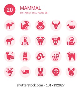 mammal icon set. Collection of 20 filled mammal icons included Camel, Kangaroo, Hamster, Bull skull, Whale, Horse, Rabbit, Goat, Pawprint, Leo, Cows, Deer