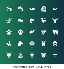 mammal icon set. Collection of 25 filled mammal icons included Whale, Koala, Deer, Pawprint, Wolf, Paw ribbon, Rabbit, Hedgehog, Dolphin, Camel, Horse, Hamster, Bull skull, Hippo