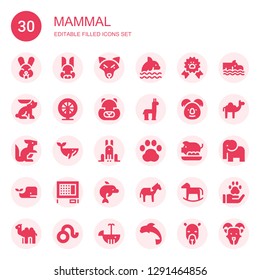 mammal icon set. Collection of 30 filled mammal icons included Rabbit, Wolf, Dolphin, Paw ribbon, Hamster, Alpaca, Koala, Kangaroo, Whale, Pawprint, Pork, Rabbit hutch, Horse