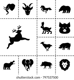Mammal icons. set of 13 editable filled mammal icons such as hog, pig, bear, elephant, lion, hippopotamus, antelope, deer, horse, rabbit