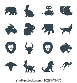 Mammal icons. set of 16 editable filled mammal icons such as goat, rabbit, lion, bear, bull, mouse toy, udder, panther, kangaroo, wolf