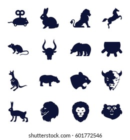 mammal icons set. Set of 16 mammal filled icons such as udder, bear, lion, rabbit, panther, mouse, kangaroo, bull, goat, hippopotamus, mouse toy