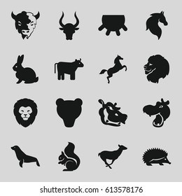 Mammal icons set. set of 16 mammal filled icons such as cow, udder, hippopotamus, lion, rabbit, hedgehog, horse, antelope, squirrel, bull, goat, seal