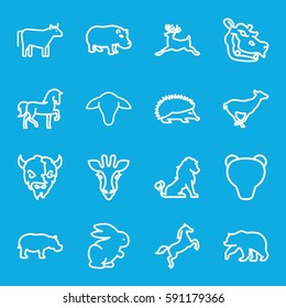 mammal icons set. Set of 16 mammal outline icons such as giraffe, lion, bear, horse, hedgehog, antelope, deer, goat, hippopotamus, cow
