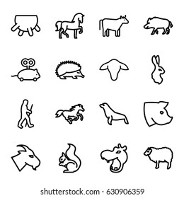 Mammal icons set. set of 16 mammal outline icons such as hog, hippopotamus, horse, hedgehog, goat, sheep, squirrel, pig, rabbit, seal, cow, udder, mouse toy