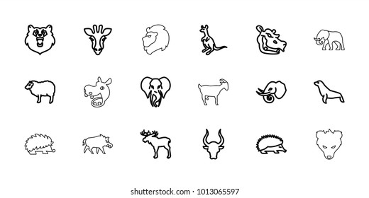 Mammal icons. set of 18 editable outline mammal icons: bear, giraffe, moose, hedgehog, sheep, cangaroo, bull, elephant, hippopotamus, seal, hog, lion