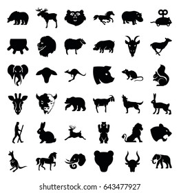 Mammal icons set. set of 36 mammal filled icons such as udder, goat, bear, giraffe, lion, moose, rabbit, horse, panther, mouse, elephant, sheep, antelope, kangaroo, pig