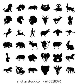 Mammal icons set. set of 36 mammal filled icons such as goat, bear, giraffe, lion, moose, rabbit, pig, hippopotamus, horse, panther, elephant, sheep, antelope, deer, kangaroo