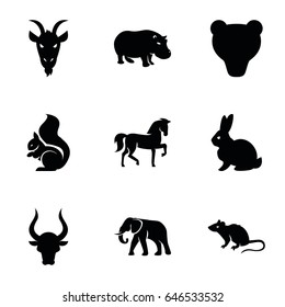 Mammal icons set. set of 9 mammal filled icons such as rabbit, horse, mouse, elephant, squirrel, bull, hippopotamus, goat