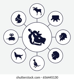 Mammal icons set. set of 9 mammal filled icons such as udder, moose, lion, kangaroo, squirrel, wolf, hippopotamus