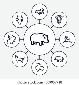 mammal icons set. Set of 9 mammal outline icons such as giraffe, hog, goat, bull, deer, horse, wolf, hippopotamus