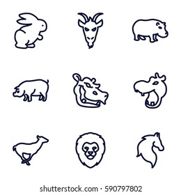 mammal icons set. Set of 9 mammal outline icons such as hippopotamus, lion, horse, antelope, pig, goat