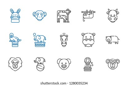 mammal icons set. Collection of mammal with monkey, lion, pig, elephant, hippopotamus, horse, walrus, cow, sloth, giraffe, bunny. Editable and scalable mammal icons.