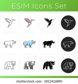 Mammals and birds icons set. Linear, black and RGB color styles. Flying and land animals. Chinese panda bear, african rhinoceros and south american hummingbird. Isolated vector illustrations