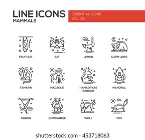 Mammals - set of modern vector line design icons and pictograms of animals. Bat, lemur, slow loris, tamarin, macaque, hamadryas baboon, mandrill, gibbon, chimpanzee, wolf fox