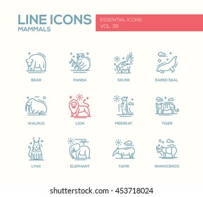 Mammals - set of modern vector plain line design icons and pictograms of animals. Bear, panda, skunk, eared seal, walrus, meerkat, lion, tiger, lynx, elephant tapir rhinoceros