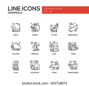 Mammals - set of modern vector plain line design icons and pictograms of animals. Bear, panda, skunk, eared seal, walrus, meerkat, lion, tiger, lynx, elephant tapir rhinoceros