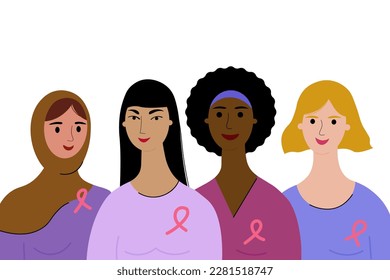 Mammary cancer.Illustration about breast cancer awareness and prevention concept. Multiracial women with pink ribbon symbol to support and fight for cancer health. Illustration on isolated background