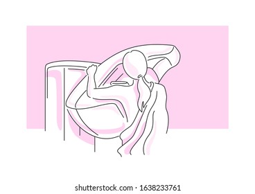 Mammogram - Breast Cancer Diagnostics  - Drawn Outline Sketch Illustration Of Medical Examination 