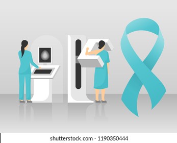 Mammogram - breast diagnosis - medical equipment, nurse, female patient and cancer ribbon - vector illustration 