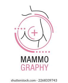 Mammogram flat and thin line vector emblem - breast cancer diagnosis and screening. 