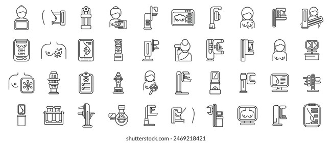 Iconos de mamografía Vector de conjunto plano. Una colección de íconos incluyendo un hombre, una bandera, un libro, una computadora, un televisor, una persona con una cámara, una persona con un teléfono celular