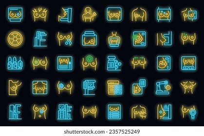 Mammogram icons set outline vector. Woman cancer. Room lab neon color on black