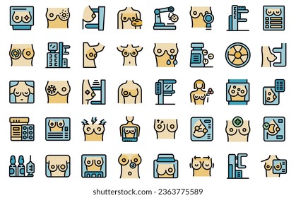 Mammogram icons set outline vector. Woman cancer. Room lab thin line color flat on white isolated