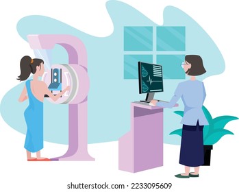 Mammography -  breast cancer prevention - a topless woman and a female doctor in a mammogram procedure - Women's healthcare.