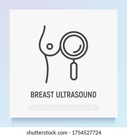 Mammography, breast ultrasound thin line icon. Medical examination. Breast with magnifier. Modern vector illustration.