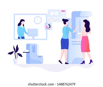Mammography concept. Breast examination in the clinic, medical diagnosis. Vector illustration in flat style isolated