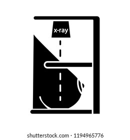 Mammography glyph icon. Breast radiography. Woman breast examination. Chest x-ray screening. Silhouette symbol. Negative space. Mastography. Vector isolated illustration