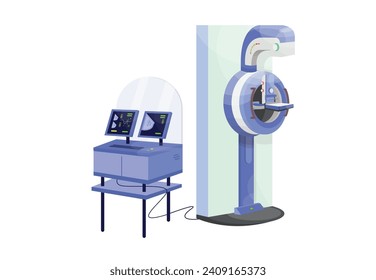 Mammography machine. Breast screening for tumor and cancel cells. Medical equipment isolated. x-ray scan for cancer, tumors, oncology. Vector illustration