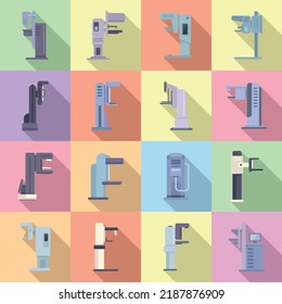 Mammographie-Maschinensymbole setzen flache Vektorgrafiken. Analyse der Brust. Krebsbehandlung