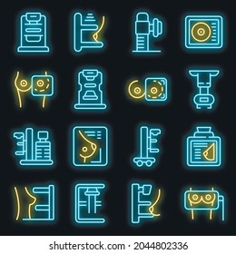 Mammography machine icons set. Outline set of mammography machine vector icons neon color on black