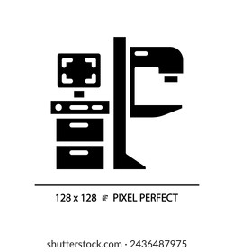 Máquina de mamografía pixel icono de glifo negro perfecto. Imágenes de mama. Detección de cáncer. Medicina preventiva. Rayos X. Símbolo de silueta en espacio blanco. Pictograma sólido. Ilustración aislada del vector