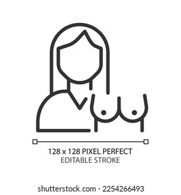 Mammography pixel perfect linear icon. Breast cancer prevention. Regular medical screening. Female health care. Thin line illustration. Contour symbol. Vector outline drawing. Editable stroke