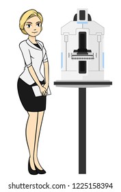 Mammography is the process of using low energy x-rays to examine the woman breast for diagnosis and screening. medical cartoon vector illustration.